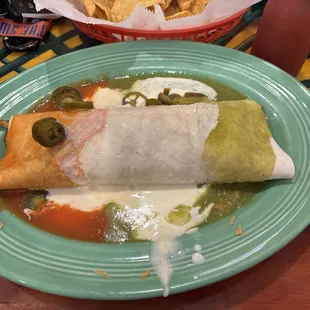 3 sauce burrito with shrimp, steak, and chicken!