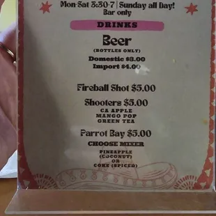 Happy hour drink menu