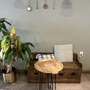 a coffee table and a bench
