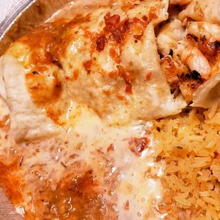 Seafood Burrito with beans and rice