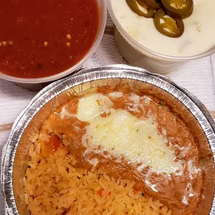Beans and rice , lg salsa , lg queso jalapeno dip with extra jalapenos