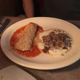 Beef enchilada and beef tostada