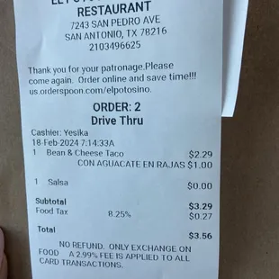 a receipt for a mexican restaurant
