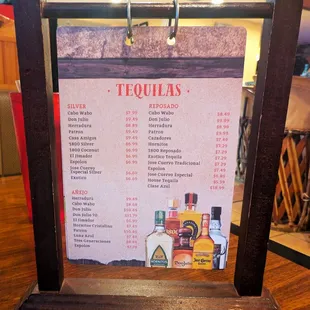 This is the Tequilas Card at the table.  Photo taken January 1, 2025.
