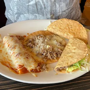 Combo meal with tacos, enchilada, and chalupa