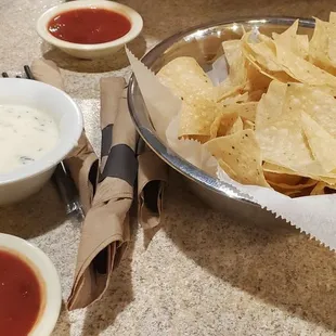 Cheese dip, salsa &amp; chips