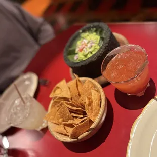 Guacamole and a Classic and Strawberry Margarita