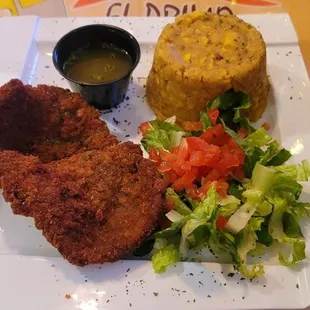 Mofongo with breaded Cubed steak with a side salad