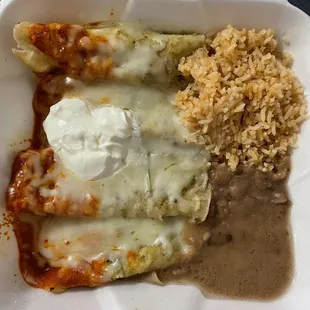 58. Enchiladas El Primro, Mexican cheese, w/rice &amp; beans