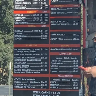 Menu with pricing haven&apos;t tried anything besides the tacos and quesadilla