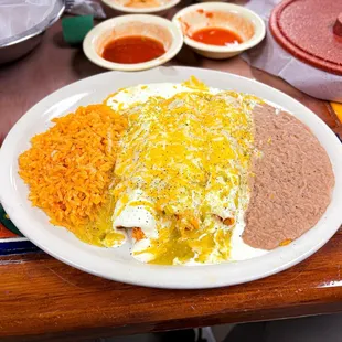 3 Chicken Enchiladas w/ green sauce &amp; sour cream. ($13 ish)