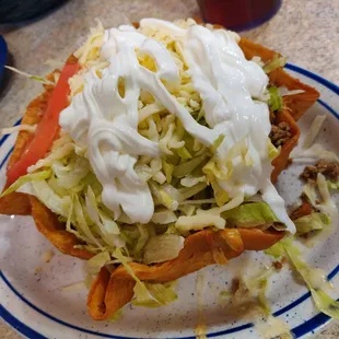 Taco salad.  The perfect serving size for lunch.