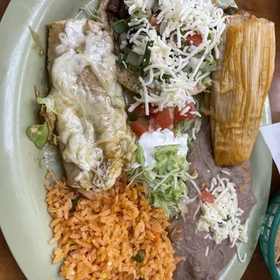 Combo platter - steak taco, pork tamale, and chicken enchilada