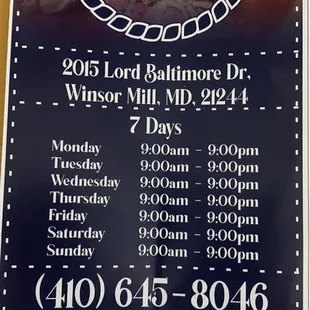 Hours, address, phone number, delivery apps.