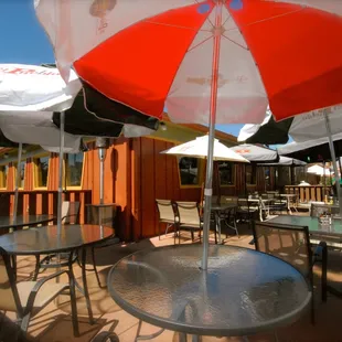 tables and umbrellas on a patio
