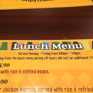 Lunch Menu/portions (served all day,) add $1.25, if ordering after 4pm...