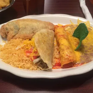#19-beef chiles Rellenos, Beef Taco, enchilada, beans/rice