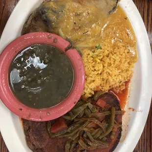 Chile relleno, shrimp patties with cactus, rice and lentils - perfect for Lent