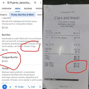 Google menu and our receipt