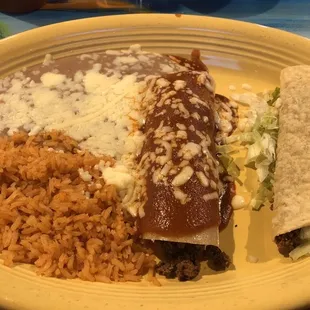 #6 Combination - crispy taco and beef enchilada with rice and beans
