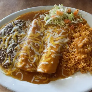 Two enchiladas lunch special with rice and beans - love the flavor and only $12.50