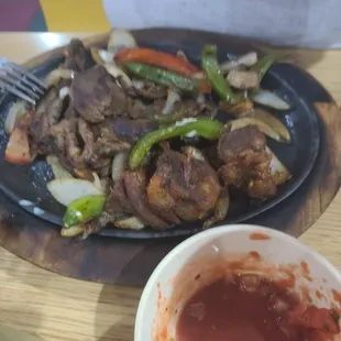 Fajitas... Steak, onion, green and red sweet pepper, and mushrooms