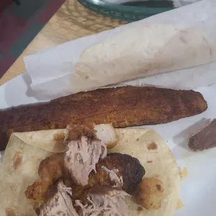 Fried plantains, which I added to flour tortillas with some chicchrones