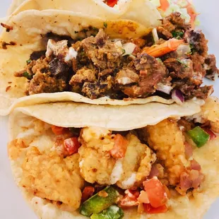 Grilled fish taco, surf n turf taco, machado fish taco