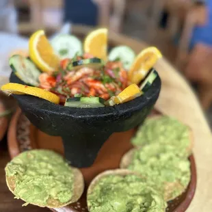 Aguachiles Rojos  and some Guacamole Tostadas