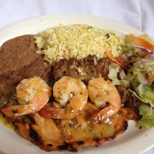 Grilled chicken breast, Carne Asada, with 3 Shimps and topped with Salsa Vino.