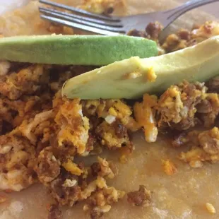 Egg and chorizo taco with avocado