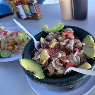 Aguachile de camarón and three shrimp tacos.