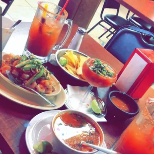 Verecruzano mixto some fish soup and a cocktail of shrimp small.