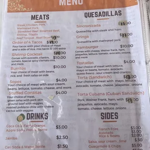 English menu found in the binder