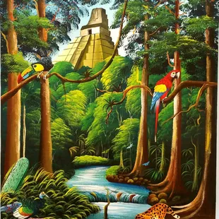 Beautiful painting of the rainforest with the backdrop of the Temple of the Great Jaguar at Tikal, Guatemala on display.