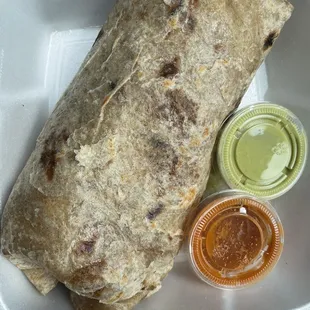 Burrito with vegan carnitas. HUGE and scrumptious