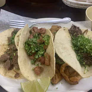 Tacos with lingua, tripa, chicharron, and barbacoa