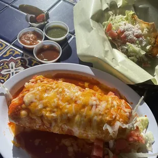 Wet burrito, salsa, and potato taco!