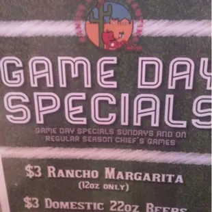 a menu for game day specials