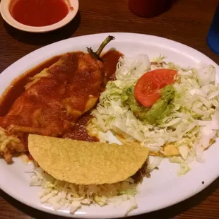 Chile relleno, chalupa and taco combo plate