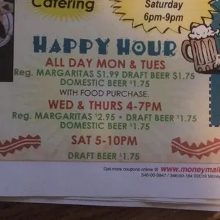 Happy Hour, as per a mailer I got (July 2018)