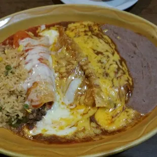 This is the chicken, beef, and cheese enchilada trio. You can really taste the chicken, freshly shredded and moist.