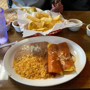 2 Chicken Enchiladas, Rice and Beans Lunch