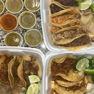 Top: barbacoa, chicharon, carnitas, fajita. Bottom left: pastor, lengua. Bottom right: pastor