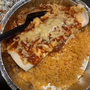 Enchilada, rice, beans