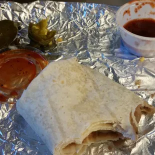 Bean burrito, pepper, red salsa.