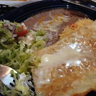 Shredded chicken quesadilla ! Stuffed with lots of chicken &amp; cheese, rices, beans, sour cream, guacamole &amp; pico de gallo.