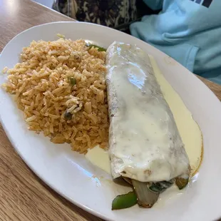 veggie burrito w/ cheese sauce and side of rice