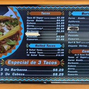 menu and prices