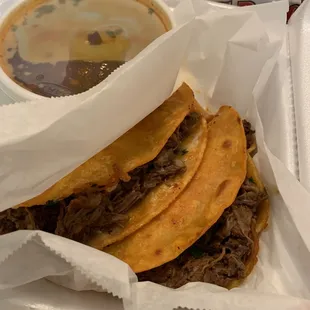 Birria tacos, Birria burrito and carne asada fries